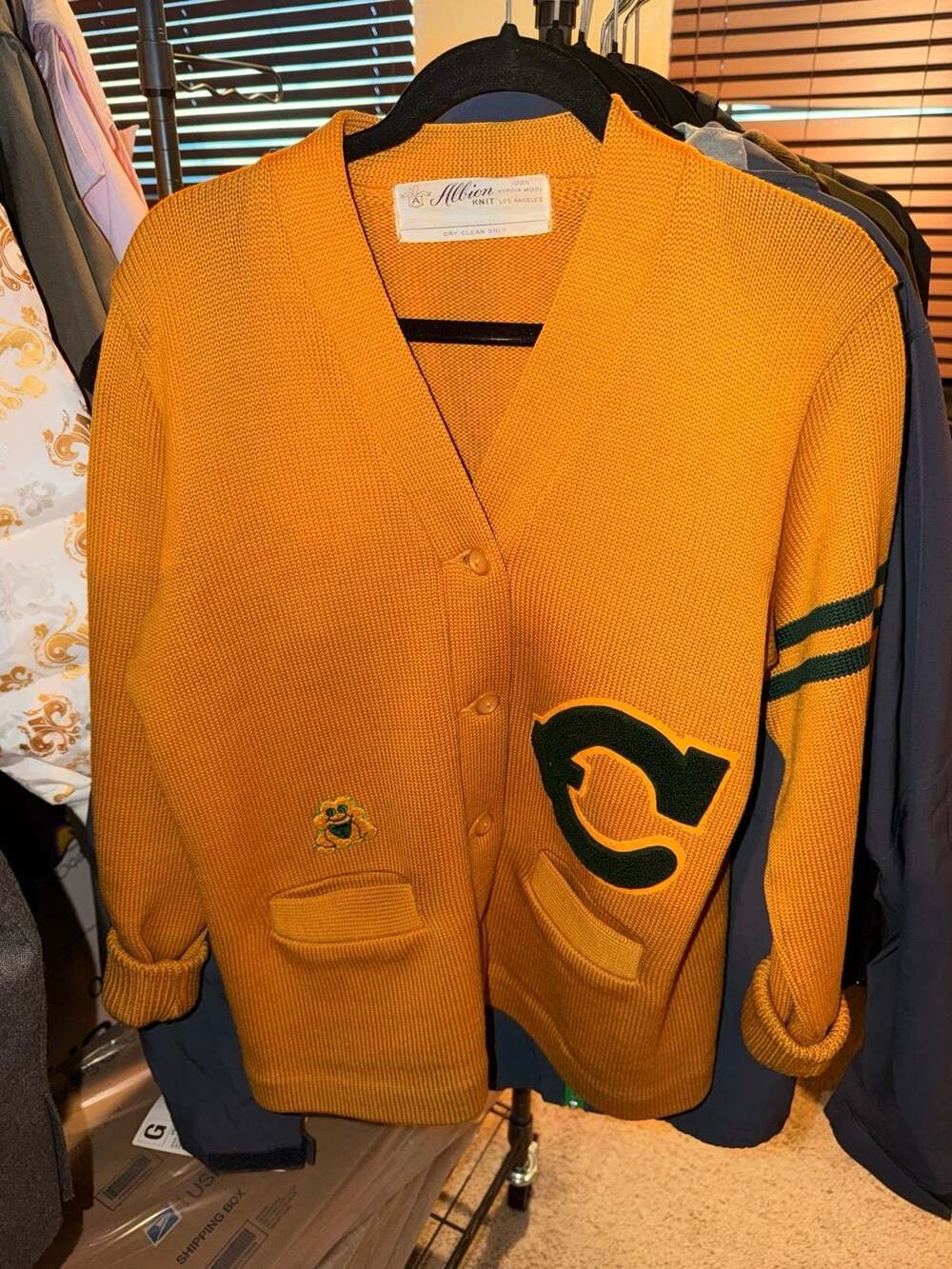 Vintage yellow Varsity Wool sweater/cardigan with C initial